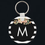 Porte-clés Monogramme floral rayé noir<br><div class="desc">Porte - clé floral rayé noir</div>