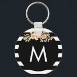 Porte-clés Monogramme floral rayé noir<br><div class="desc">Porte - clé floral rayé noir</div>