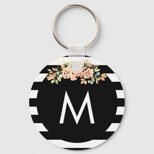 Porte-clés Monogramme floral rayé noir (Recto)