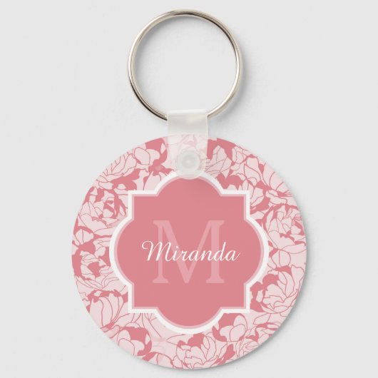 Porte-clés Monogramme Floral Rose Lumière Moderne Avec Nom (Recto)