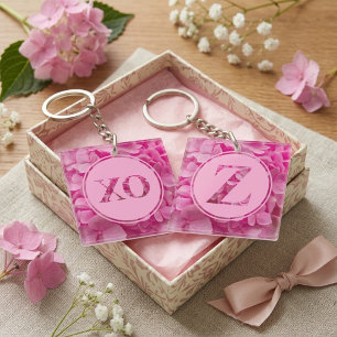 Porte-clés Monogramme floral rose personnalisé Lettre Z et XO