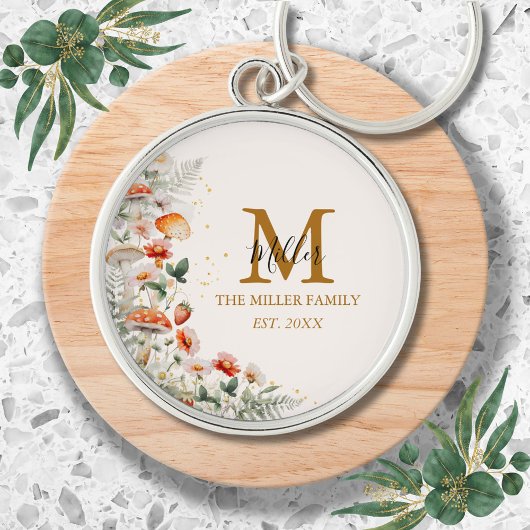 Porte-clés Monogramme Forêt Champignons Fleurs Florales botan