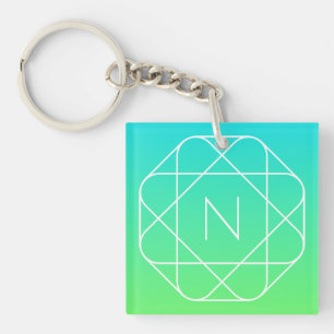 Porte-clés Monogramme géométrique cool Dégradé bleu et vert
