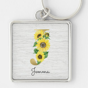 Porte-clés Monogramme Gold Sunflower Girl Floral Initial J