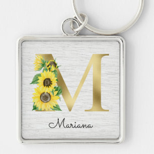 Porte-clés Monogramme Gold Sunflower Girl Floral Initial M