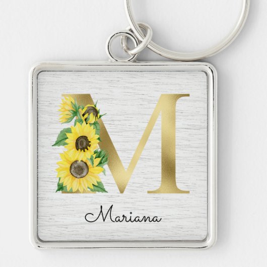 Porte-clés Monogramme Gold Sunflower Girl Floral Initial M (Devant)