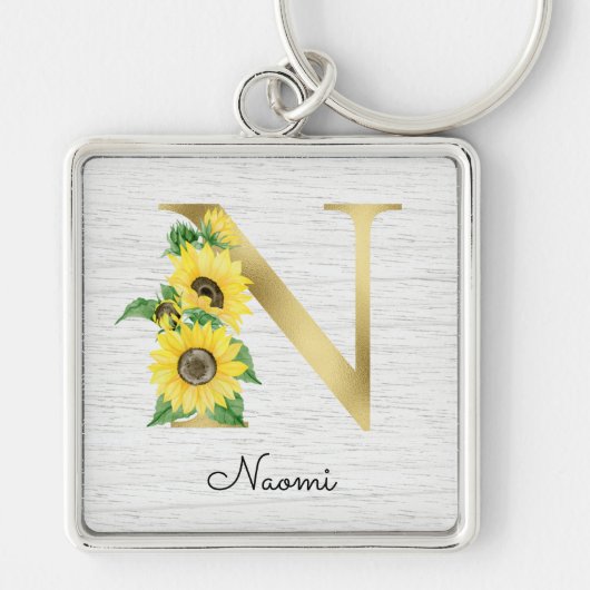 Porte-clés Monogramme Gold Sunflower Girl Floral Initial N (Devant)