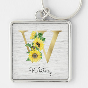 Porte-clés Monogramme Gold Sunflower Girl Floral Initial W