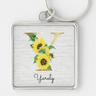 Porte-clés Monogramme Gold Sunflower Girl Floral Initial Y