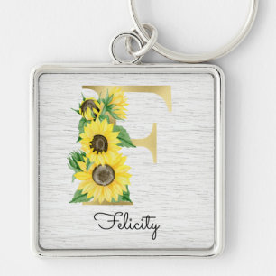 Porte-clés Monogramme Gold tournesol Girl Floral initial F