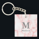 Porte-clés Monogramme gris personnalisé et nom sur apparence<br><div class="desc">Ajoutez votre nom et votre monogramme en texte gris sur un arrière - plan en marbre faux rose.</div>