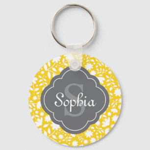 Porte-clés Monogramme gris Quatrefoil Jaune Motif Floral