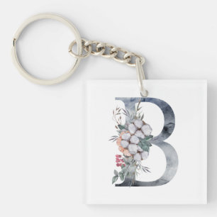 Porte-clés Monogramme Initial B Floral Bleu