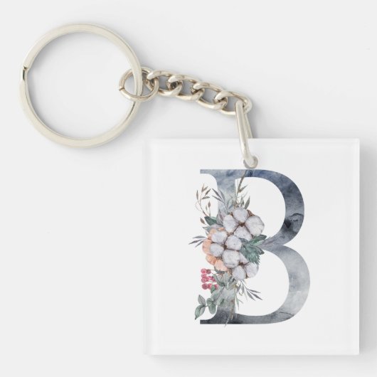 Porte-clés Monogramme Initial B Floral Bleu (Devant)