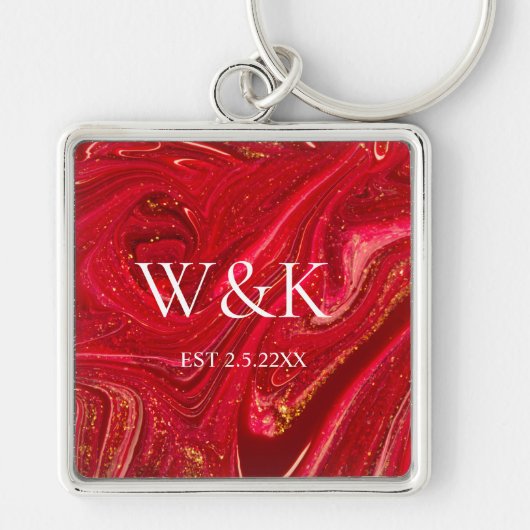 Porte-clés Monogramme initial de mariage couple rouge paillet (Devant)