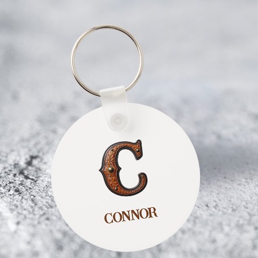 Porte-clés Monogramme Initial en Cuir Marqué de Style Occiden