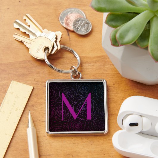 Porte-clés Monogramme Initial Fleur de Rose Foncé Magenta Vio (Bureau)