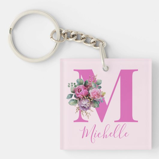 Porte-clés Monogramme Initial Nom Fleurs Aquarelle Rose (Devant)