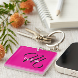 Porte-clés Monogramme initial nom moderne minimaliste rose ch