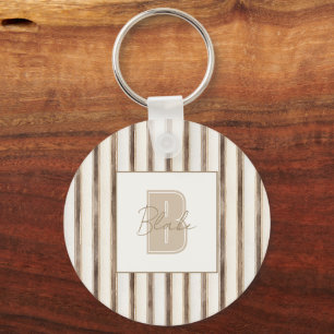 Porte-clés Monogramme Initial Nom Rayures Marron Crème