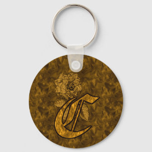 Porte-clés Monogramme initiale C Fleur de pivoine en or