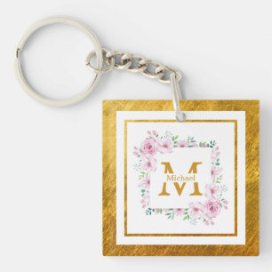 Porte-clés Monogramme Initiale "M" Floral - Roses Roses & Or