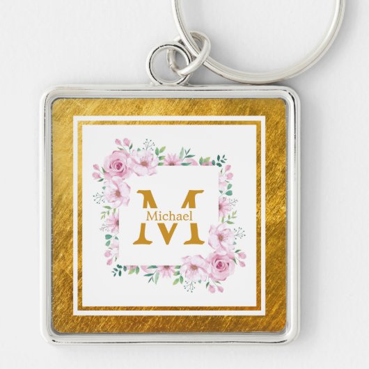 Porte-clés Monogramme Initiale "M" Floral - Roses Roses & Or (Devant)