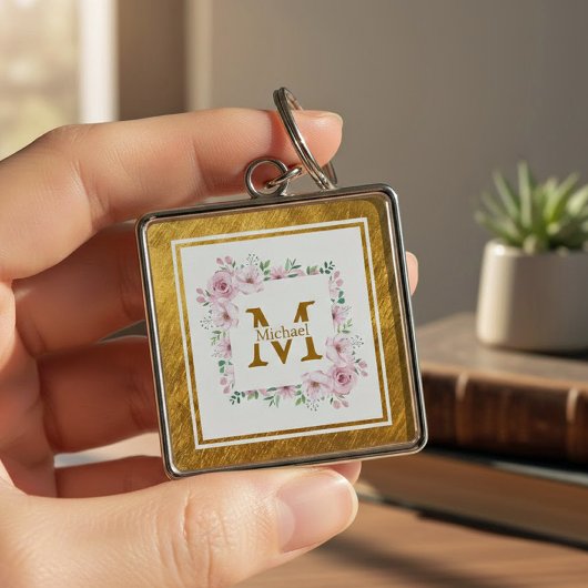 Porte-clés Monogramme Initiale "M" Floral - Roses Roses & Or