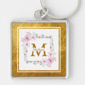 Porte-clés Monogramme Initiale "M" Floral - Roses Roses & Or (Devant)