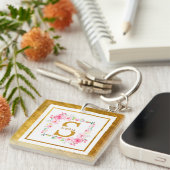 Porte-clés Monogramme Initiale "S" Floral - Roses Roses & Or (Devant Droit)