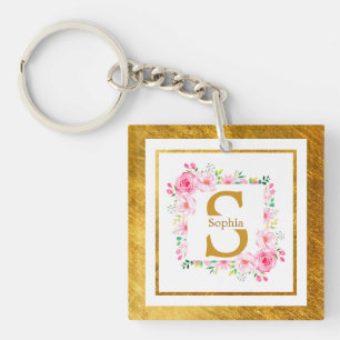 Porte-clés Monogramme Initiale "S" Floral - Roses Roses & Or