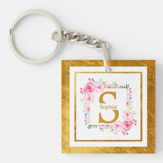 Porte-clés Monogramme Initiale "S" Floral - Roses Roses & Or (Devant)