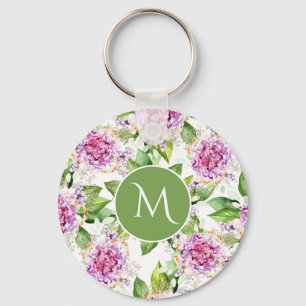 Porte-clés Monogramme Joli violet vert Aquarelle Florale