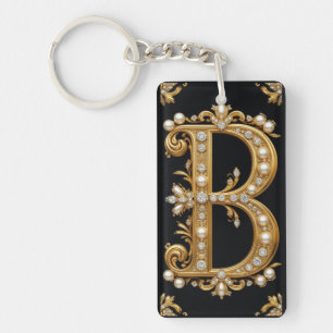 Porte-clés Monogramme lettre B en or avec diamants et perles