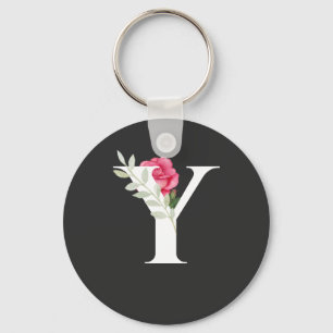 Porte-clés Monogramme Lettre initiale Y en blanc avec rose ro