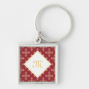 Porte-clés Monogramme Luxe Rouge et Or Quatre Floral