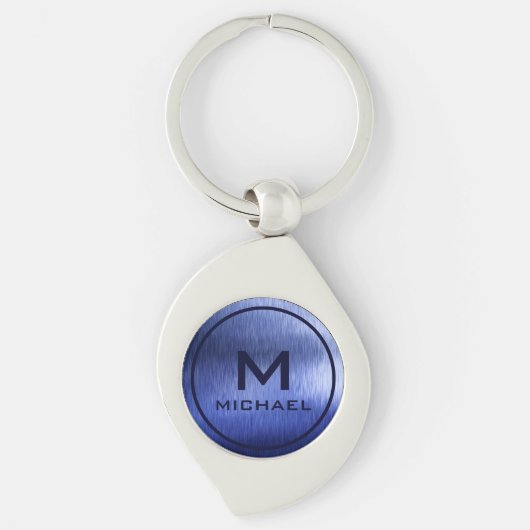 Porte-clés Monogramme Métallurgique Bleu Texturé Nom personna (Devant)