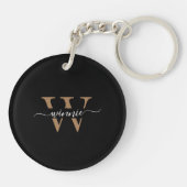 Porte-clés Monogramme minimal Élégant Noir Nom du script (Dos)