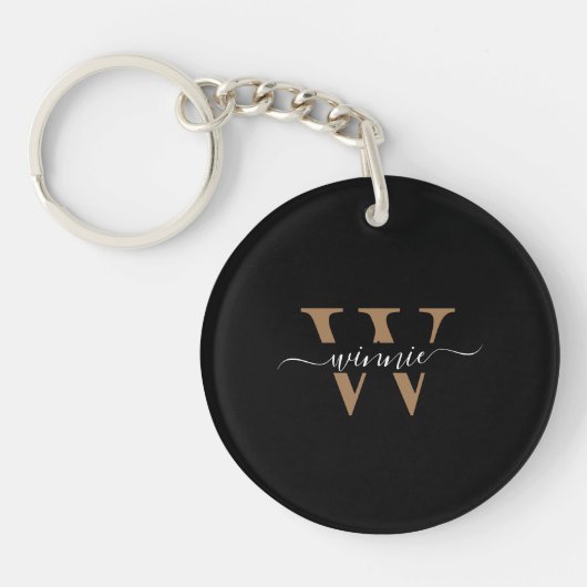 Porte-clés Monogramme minimal Élégant Noir Nom du script (Devant)