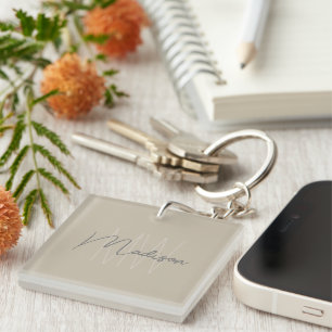 Porte-clés Monogramme Minimaliste Moderne Beige Nom Script