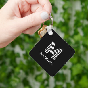 Porte-clés Monogramme minimaliste moderne élégant noir et bla