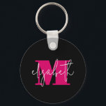 Porte-clés Monogramme moderne<br><div class="desc">Le monogramme élégant initial et votre prénom en lettres chic rose et blanc sur le noir sont présentés sur ce porte - clé amusant.</div>