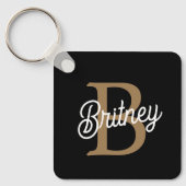 Porte-clés Monogramme moderne élégant Nom Black Gold Script (Recto)