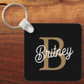 Porte-clés Monogramme moderne élégant Nom Black Gold Script (Recto)