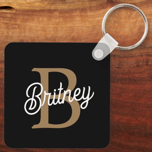 Porte-clés Monogramme moderne élégant Nom Black Gold Script (Verso)