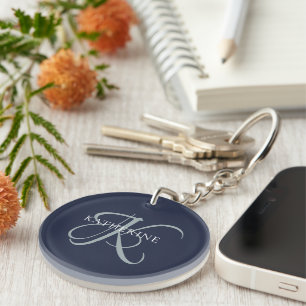 Porte-clés Monogramme moderne élégant Script Marine Bleu