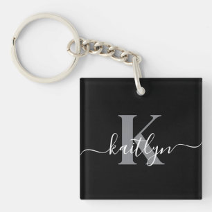 Porte-clés Monogramme moderne gris noir script