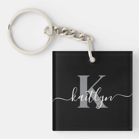 Porte-clés Monogramme moderne gris noir script (Devant)