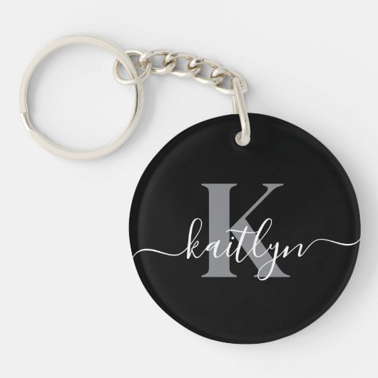 Porte-clés Monogramme moderne gris noir script (Devant)