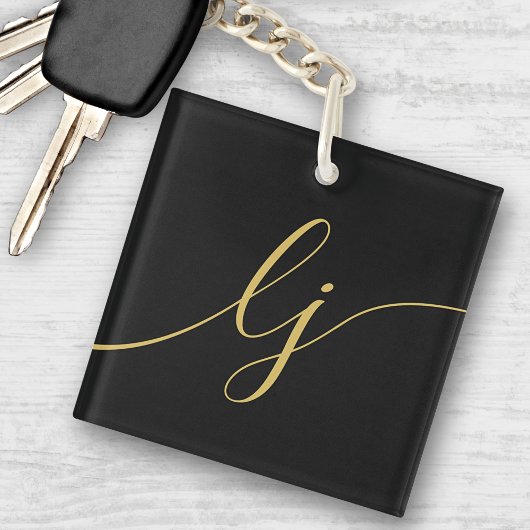 Porte-clés Monogramme Moderne Minimal Élégant Black Gold Scri